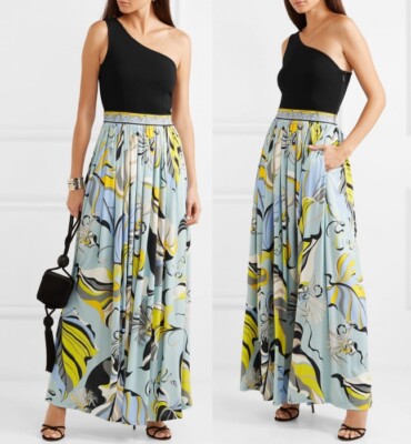 EMILIO PUCCI one-shoulder stretch-knit/printed crepe maxi dress US S/IT 40 $2555
