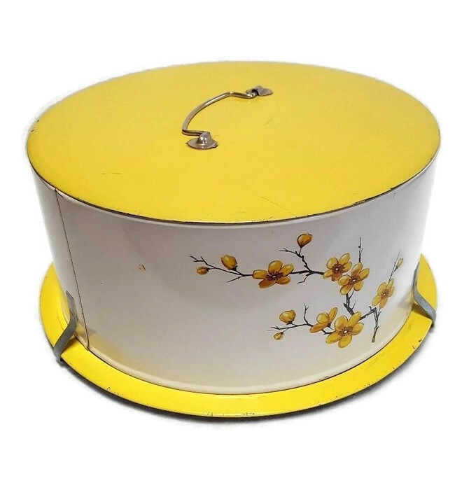 Decoware Vintage Cake Carrier Tin Cover with Handle Yellow Gold Floral Design
