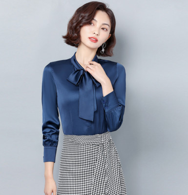 Women Faux Silk Blouse Bow Shirt Tops Satin Formal Business Loose Casual Glitter