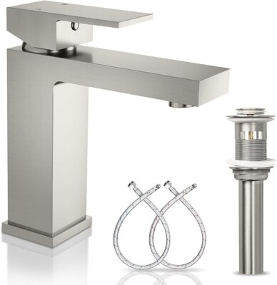 Solid Brass Single Hole Single Handle Bathroom Faucet, Nickel Finish
