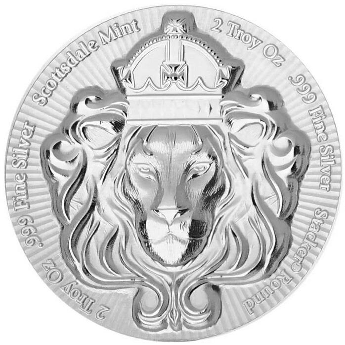 Lingot Rond  Empilable,  2 Onces  Troy, Argent  0.999%  Belle TÃªTe De Lion, Rare