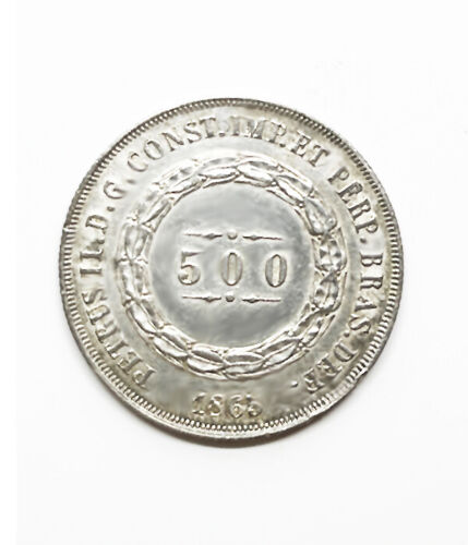 1865 Brazil Pedro II Silver 500 Reis Coin