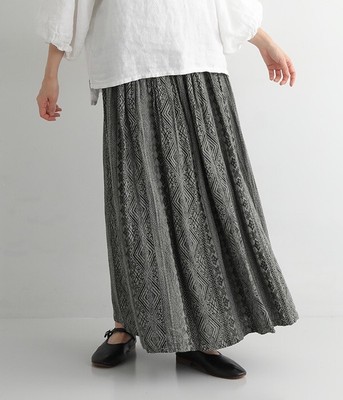 ICHI Antiquites Linen Cotton Jacquard Drawstring Long Skirt Gray pattern NEW