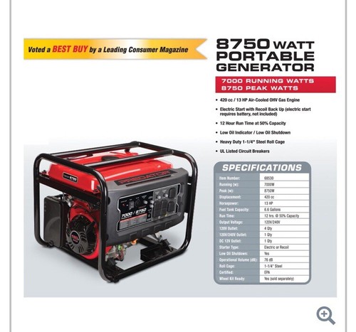 PREDATOR 8750 Watt Heavy Duty Inverter Generator On Wheels - FREE SHIPPING