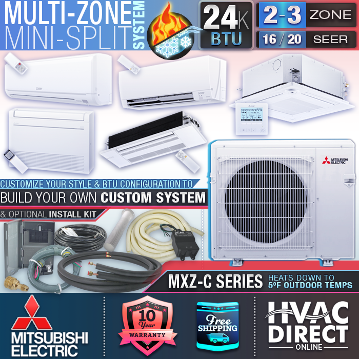 Mitsubishi 2-3 Zone 24K BTU 16-20 SEER AC Heat Pump Mini Split System Builder
