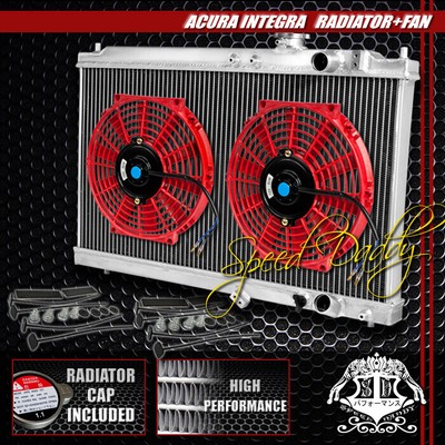 АЛЮМИНИЕВЫЙ 2-РЯДНЫЙ РАДИАТОР С СЕРДЕЧНИКОМ + 2X10 КРАСНЫХ ВЕНТИЛЯТОРА ОХЛАЖДЕНИЯ ДЛЯ 94-01 ACURA INTEGRA DC2