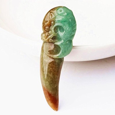 Natural jadeite genuine grade A yellow and green dragon tooth jade pendant