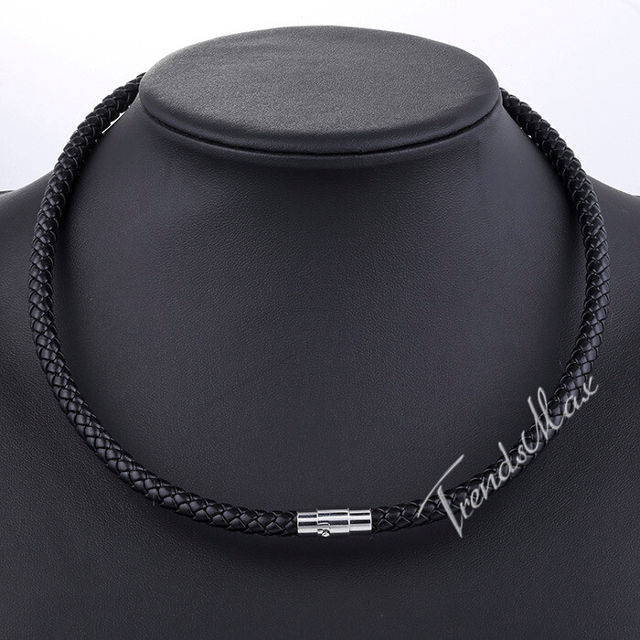 4/6/8MM Mens Black Braided Cord Rope Leather Necklace Choker w/ Magnetic Clasp