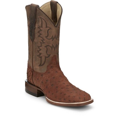 JUSTIN BOOTS JUSTIN MEN'S AQ8531 BELMONT 11" BROWN SQ TOE FULL QUILL OSTRICH WESTERN BOOTS