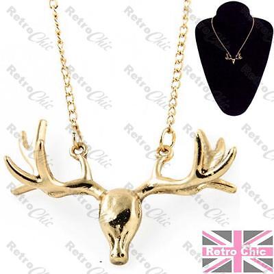 STAG SKULL pendant NECKLACE short chain 18" quirky GOTH gold plated ANTLERS