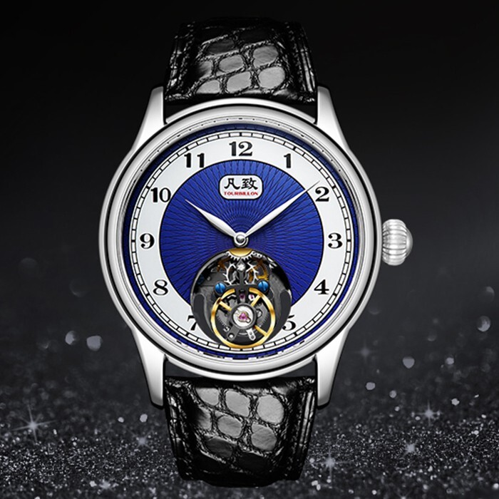 Pre-owned Merkur Men Tourbillon Watch 43mm Luxury Mechanical Wristwatch Gradient Blue Dial