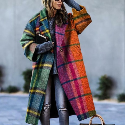 Women Long Sleeve Printed Wool Coat Fashion Elegant Style Lapel Stitched Jacket