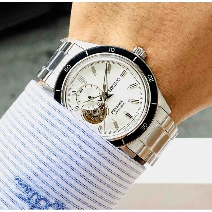 Pre-owned Seiko Presage Ssa423j1 Style 60's Cream Analog Open Heart Automatic Men's Watch