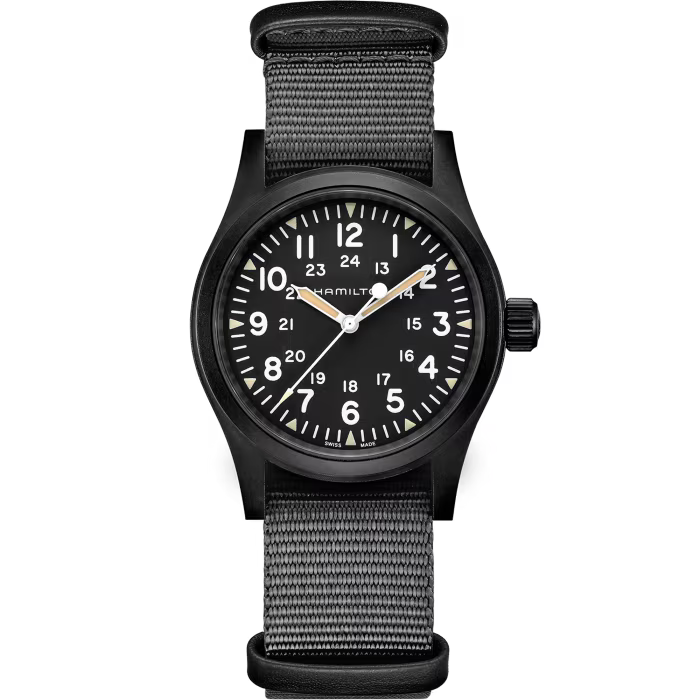 HAMILTON HAMILTON KHAKI FIELD QUARTZ 38MM BLACK DIAL TEXTILE STRAP WATCH H69409930
