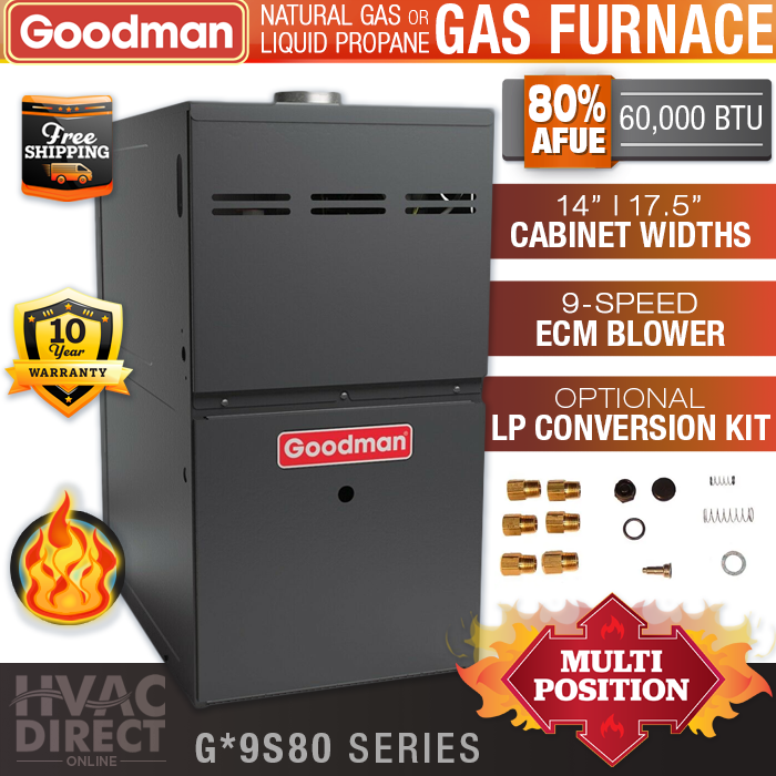 60,000 BTU 80% Goodman 1 Stage Natural Gas or Propane/LP Furnace, GM9S80/GC9S80