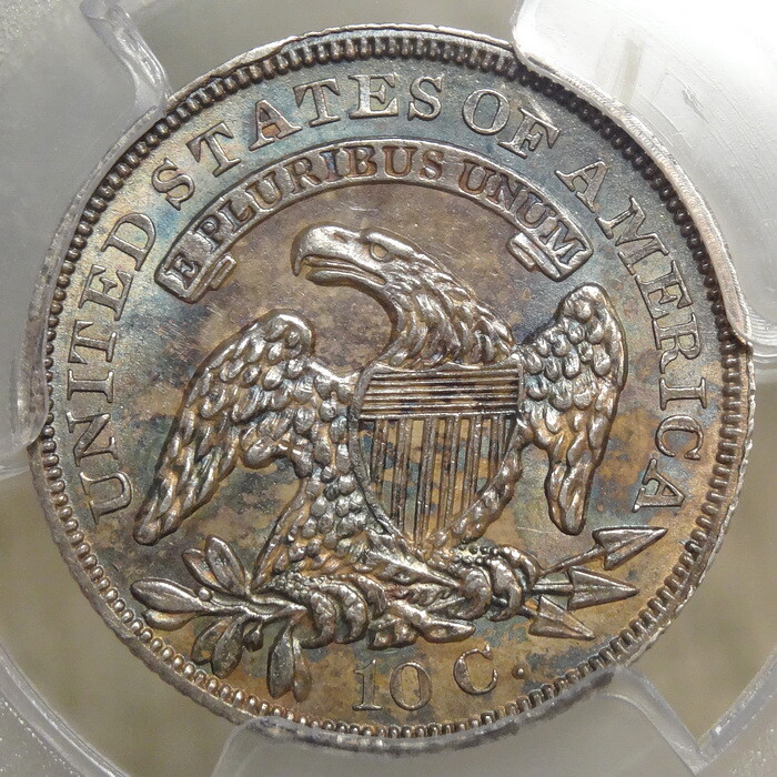 1837 Capped Bust Dime, JR-3, PCGS AU-58, Interesting Color, Die Crack