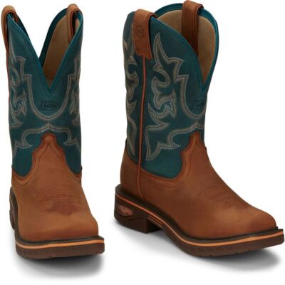 Pre-owned Justin Boots Justin Men's Cr4009 Resistor 11" Brown Electrical Hazard Square Toe Work Boots In Russet Blue (brown)