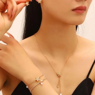 Zirkon Stud Ohrringe Mit Schleife Perlen Kette Und Armband Set