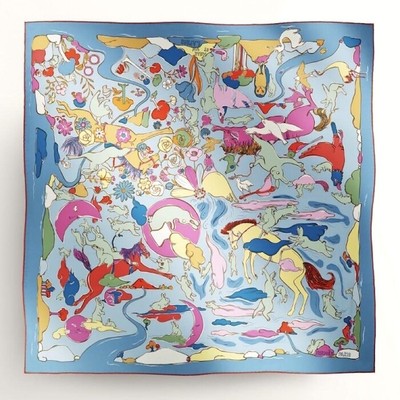 Hermes Scarf Stole Mille et Un Lapins Lavender Blue Rabbit Silk Auth New 90 cm