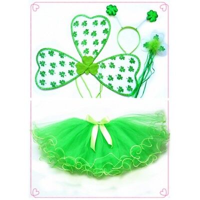 New Children's Irish Green Clover Fairy Tutu Wings Wand Headpiece Clothes 3 4 5