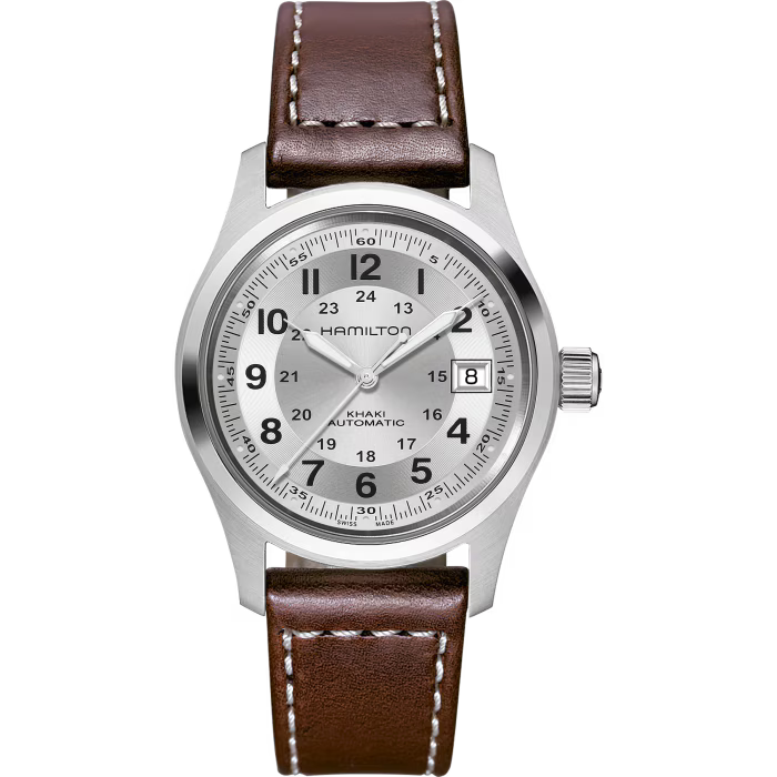 Pre-owned Hamilton Khaki Field Automatic 38mm Silver Dial Brown Strap Watch H70455553