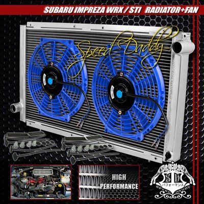 2-РЯДНЫЙ ПОЛНОСТЬЮ АЛЮМИНИЕВЫЙ ГОНОЧНЫЙ РАДИАТОР + 2 СИНИХ ВЕНТИЛЯТОРА ДЛЯ 92-01 IMPREZA GC/GM EJ TURBO