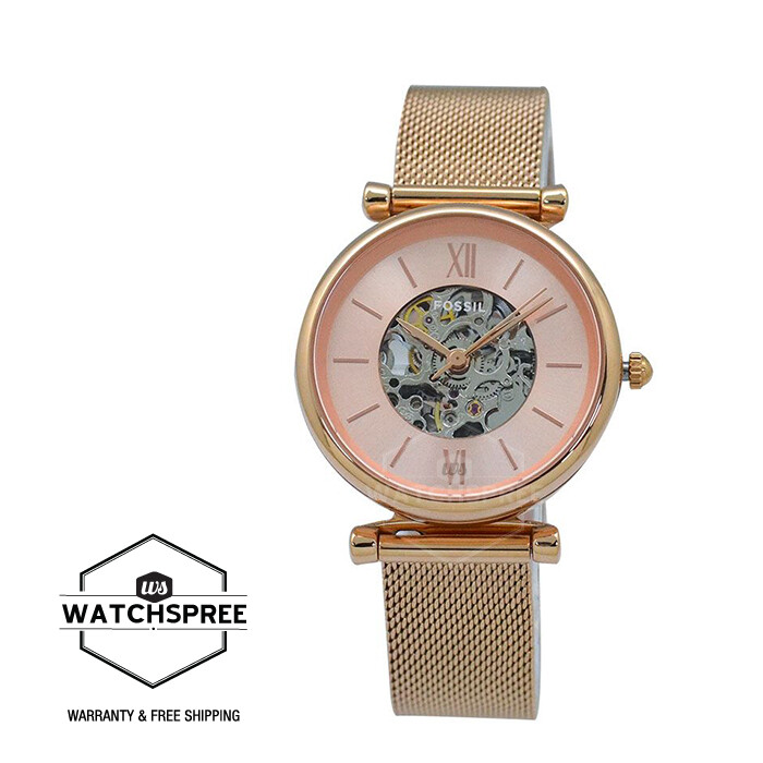 Fossil Ladies Carlie Automatic Rose Gold Tone Stainless Steel Mesh ...