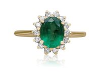 Beautiful Natural 1.35ct Emerald and Diamond Halo Ring - 14kt Yellow Gold