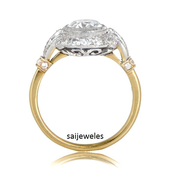 Art Deco Vintage 3.50CT Round Cut Diamond Lab-Created 14K 2-Tone Gold Over Ring - Picture 4 of 6