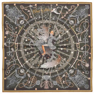 【HERMES】野村大輔氏デザイン☆ツイリー C’est la Fete Hermes Prune/Gris/Marine 
