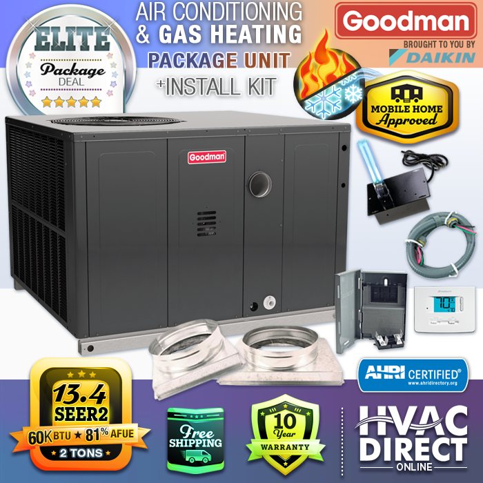 2 Ton 13.4 SEER2 60K BTU Goodman AC Gas Package Unit System + Install Kit