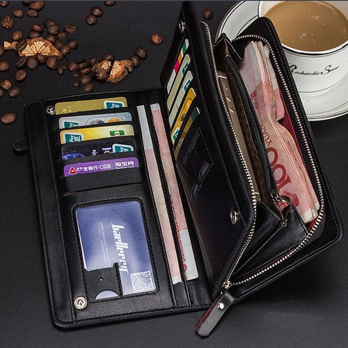 Men's Leather Long Black Wallet Bifold ID Card Holder Clutch Checkbook Billfold