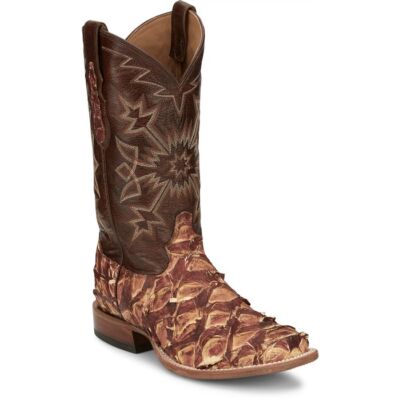Pre-owned Tony Lama Men's Ep8272 Leon 13" Brown Pirarucu Square Toe Western Mid-calf Boots In Cognac (brown)