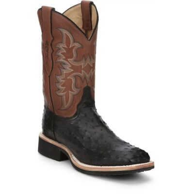 Pre-owned Justin Boots Justin Men's Aq8530 Drover 11" Onyx (black) Full Quill Ostrich Block Heel Boots