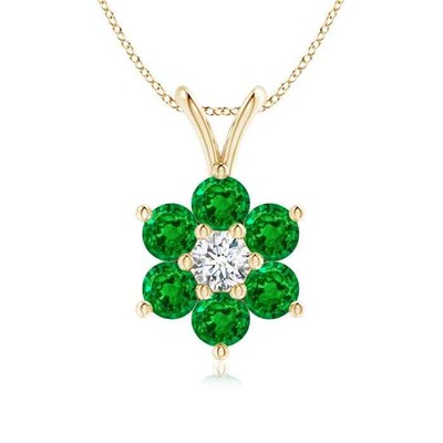 ANGARA Classic Six Petal Emerald Flower Pendant with Diamond in 14K Solid Gold