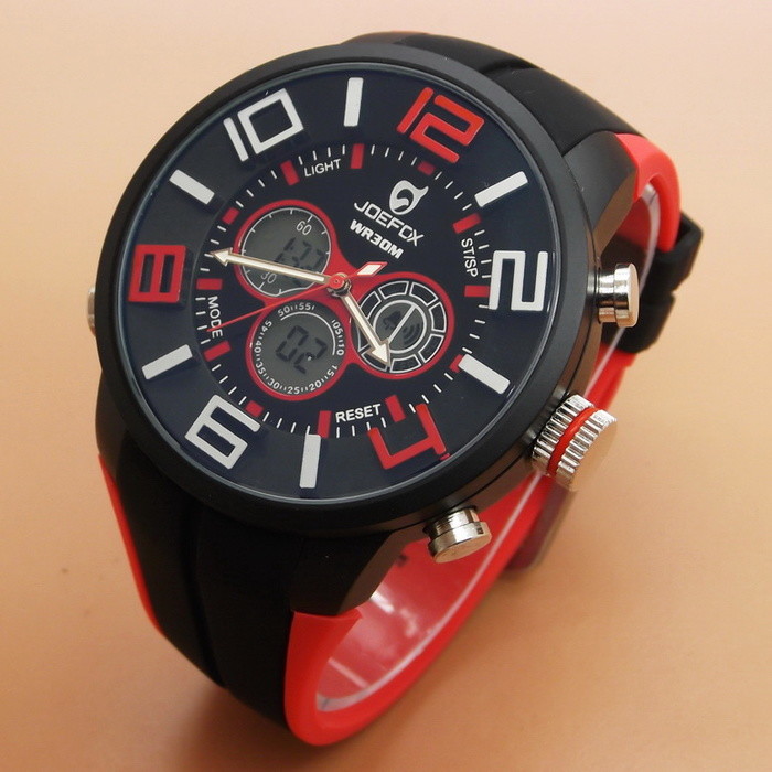 Orologio Polso Joefox Uomo Dual Time Analogico Digitale Sveglia Sport Rosso lac