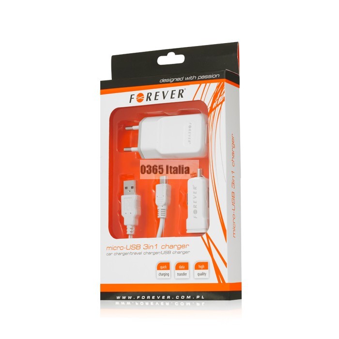 Forever Kit 3 in 1 Caricabatteria Auto Rete Universale Usb Mini Usb
