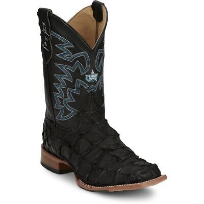 Pre-owned Justin Boots Justin Men's Gr5708 Ocean Front 11" Pirarucu Black Square Toe Western Boots In Inky Black (black)