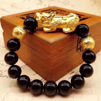 Pre-owned Yuxi Pure 24k Yellow Gold Bracelet /man Woman 3d Lucky Pixiu Link 8mm Mblack Obsidian