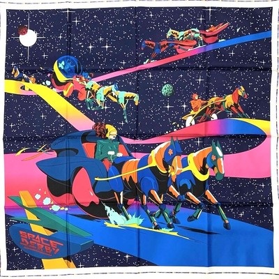 Hermes Scarf Stole Space Derby Navy Ugo Bienvenu Animal Horse Silk Auth New 90cm