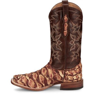 Pre-owned Tony Lama Men's Ep8272 Leon 13" Brown Pirarucu Square Toe Western Mid-calf Boots In Cognac (brown)