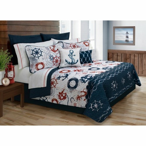 Twin Full Queen King Bed Navy Red Captain Wheel Anchors Nautical 5 pc Quilt Set