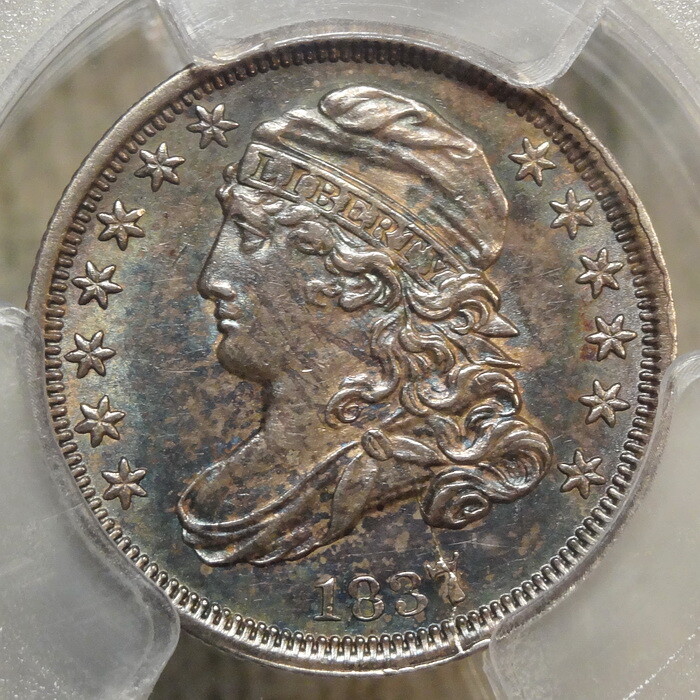 1837 Capped Bust Dime, JR-3, PCGS AU-58, Interesting Color, Die Crack