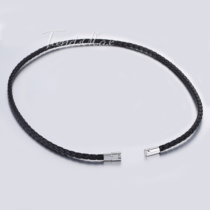 4/6/8MM Mens Black Braided Cord Rope Leather Necklace Choker w/ Magnetic Clasp