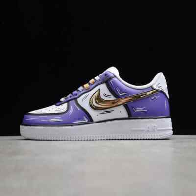 Air Force 1 Custom White Shoes Retro Grape Purple Cartoon Metallic Gold Swooshes