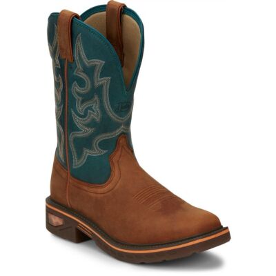 Pre-owned Justin Boots Justin Men's Cr4009 Resistor 11" Brown Electrical Hazard Square Toe Work Boots In Russet Blue (brown)