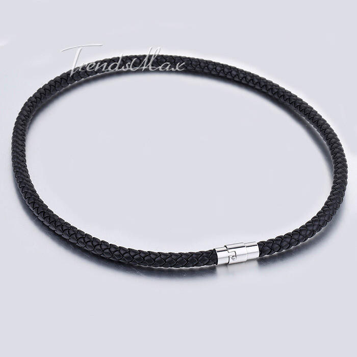 4/6/8MM Mens Black Braided Cord Rope Leather Necklace Choker w/ Magnetic Clasp
