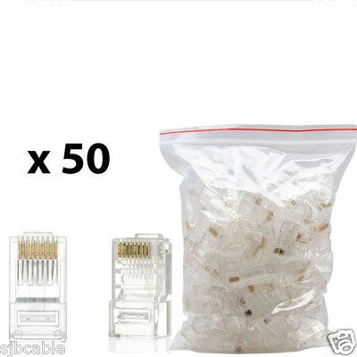 New 50 pcs RJ45 Network Modular Plug Cat5 CAT5e Connector Clear 8p8c Gold Plated