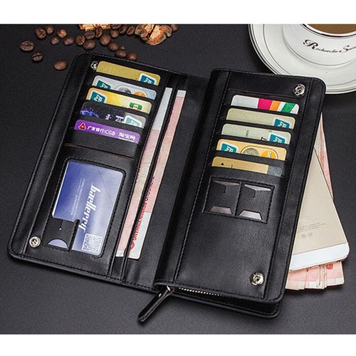 Men's Leather Long Black Wallet Bifold ID Card Holder Clutch Checkbook Billfold