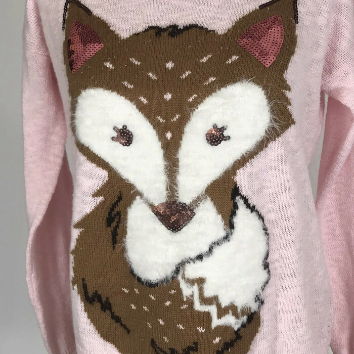 Justice Kids Sweater Size 20 Pink Long Sleeve Fox Sequin Fuzzy Shirt Pullover